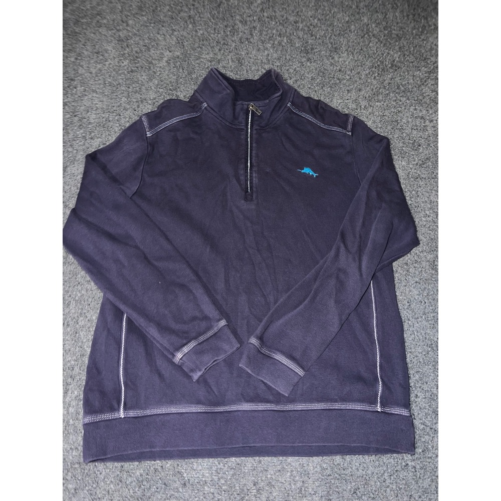Tommy Bahama Mens Large Navy Blue Cotton Quarter Zip Pullover Graphic Sweater